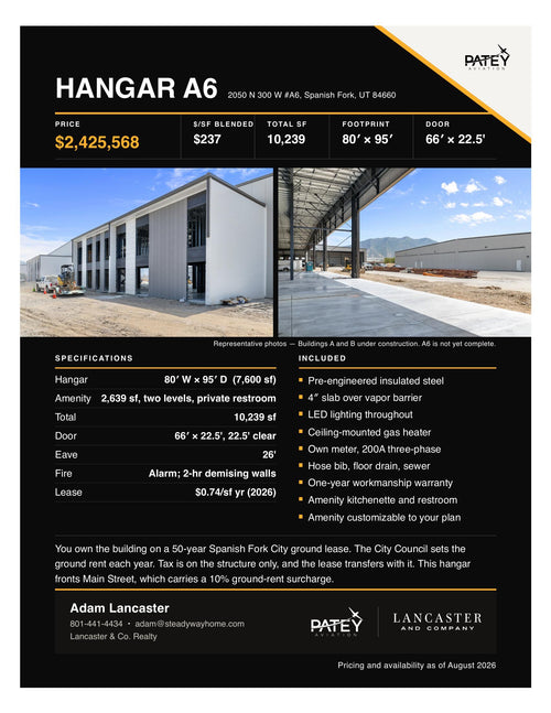New Corporate Hangar at KSPK | 80' × 95' + Private Amenity Suite